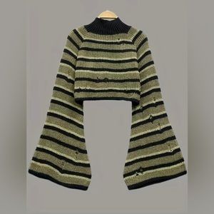 Striped turtleneck cropped olive knit distressed sweater. Size small